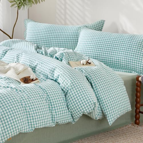 SAPHREAS Gingham Duvet Cover Set King Size, 100% Washed Cotton Linen Like Plaid Comforter Cover with Zipper Closure & Corner Ties (No Comforter), 104x90 Teal