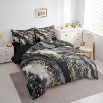 Erosebridal Black Marble Comforter Set Twin Size,Gradient Artwork Bedding Set for Kids Teens,Black Golden Tie Dye (Comforter+Fitted+Flat Sheet+2 Pillowcases+2 Throw Pillow Covers) 7 Pieces Bed Set