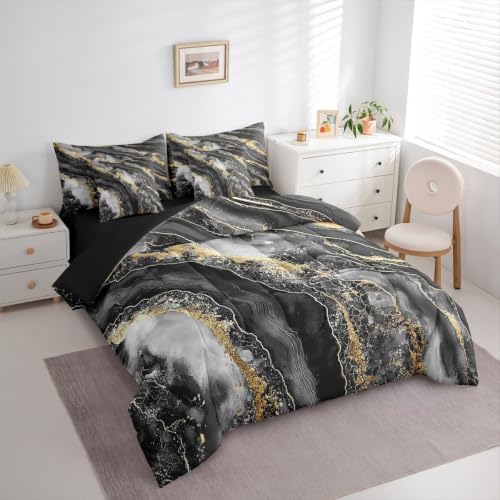 Erosebridal Black Marble Comforter Set Full Size,Gradient Artwork Bedding Set for Kids Teens,Black Golden Tie Dye (Comforter+Fitted+Flat Sheet+2 Pillowcases+2 Throw Pillow Covers) 7 Pieces Bed Set