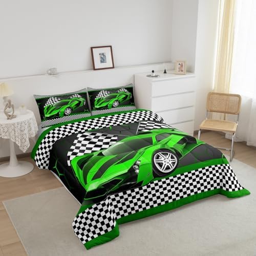 Feelyou Race Car Comforter Set for Kids Boys Black White Checkered Flag Print Comforter Extreme Sports Bedding Set Full Size Bedroom Decor Honeycomb Speed Sports Car Green Duvet Set 3pcs