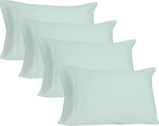 YIYEA Pillow Cases Standard Size Set of 4, Ultra Soft 1800TC Hotel Quality Double Brushed Microfiber Embroidered Pillowcases, Envelope Closure, Fade Resistant (20"x26", Aqua)