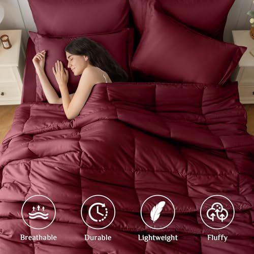 JOLLYVOGUE Full Comforter Set, Ultra-Soft Bed in a Bag Full Size 7 Pieces, Oeko-TEX Certified Bedding Set with Down Alternative Comforter, Sheets, Pillowcases & Shams, Burgundy