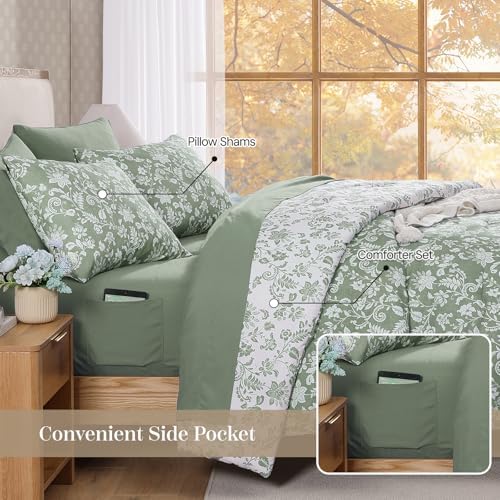 BLOOMHAVEN King Size Comforter Set-7 Pieces Green Floral Bed in a Bag King