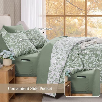 BLOOMHAVEN King Size Comforter Set-7 Pieces Green Floral Bed in a Bag King