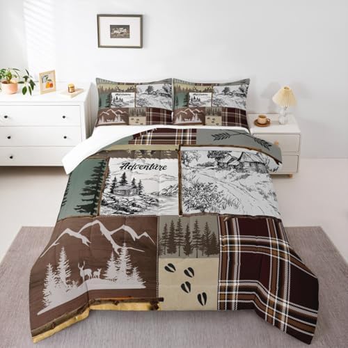 Homewish Rustic Cabin Comforter Set Queen,Adventure and Hunting Deer Antler Bedding Set,Boys Men Adult Room Decor Pine Wooden Plaid Patchwork Quilt Set Vintage Brown Duvet Insert 3Pcs