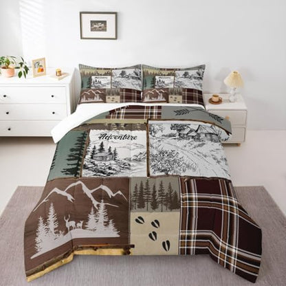 Homewish Rustic Cabin Comforter Set Queen,Adventure and Hunting Deer Antler Bedding Set,Boys Men Adult Room Decor Pine Wooden Plaid Patchwork Quilt Set Vintage Brown Duvet Insert 3Pcs