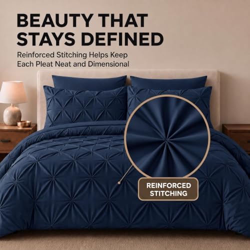 HIMEET Twin Comforter Set Navy Blue - 5 Pieces Pintuck Bed in a Bag
