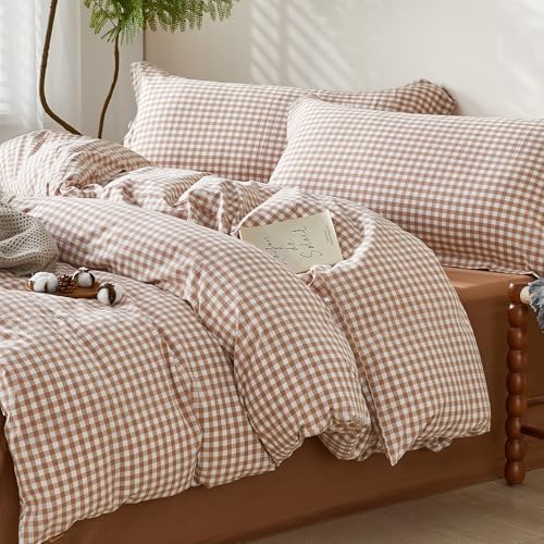 SAPHREAS Gingham Duvet Cover Set King Size, 100% Washed Cotton Linen Like Plaid Comforter Cover with Zipper Closure & Corner Ties (No Comforter), 104x90 Taupe