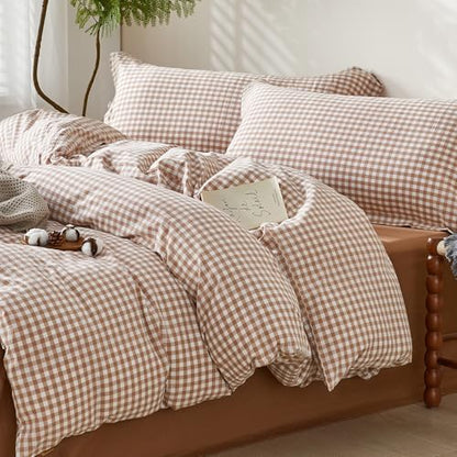 SAPHREAS Gingham Duvet Cover Set King Size, 100% Washed Cotton Linen Like Plaid Comforter Cover with Zipper Closure & Corner Ties (No Comforter), 104x90 Taupe