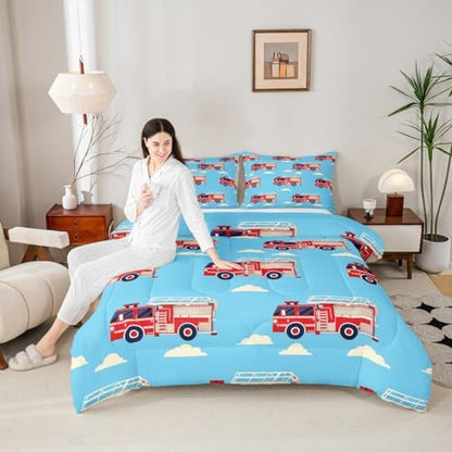Erosebridal Cartoon Fire Truck Bedding Set Toddler, Red Firemen Car Comforter Set, White Cloud Blue Sky Comforter for Kids Men Teens Boys Room Decor, Fire Engine Quilt with 1 Pillowcase, Microfiber