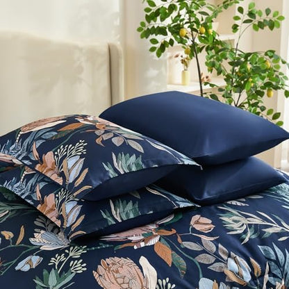 Luxudecor Queen Comforter Set 7 Pieces Bedding Sets, Navy Blue Floral Comforter and Sheet Set, Soft Microfiber Bed in a Bag for All Seasons (Navy Blue,90"x90")