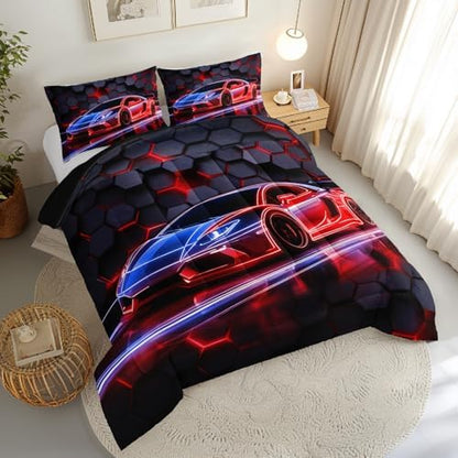 HOSIMA Honeycomb Geometric Race Car Full Comforter with 2 Pillowcases.