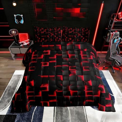 Erosebridal Boys Red and Black Comforter Set Twin Geometric Checkered Kids Bedding Set Teen Men Gaming Room Decor,Abstract Ombre Plaid Comforter Grids Quilt Duvet