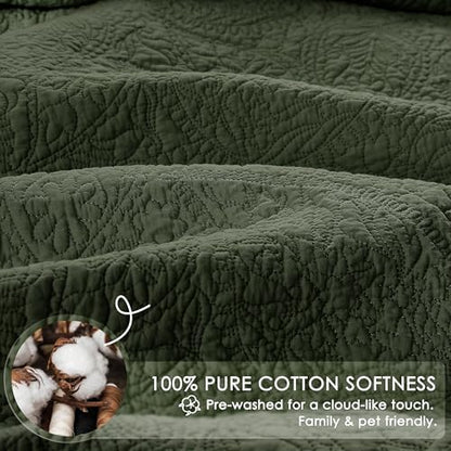 WDCOZY King 100% Cotton Paisley Quilt Bedding Set Olive Green Comforter