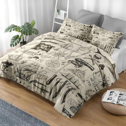 Pamnest Comforter Set Full Size, Pirate Vintage Skull Soft 3 Pcs Bedding for Kids and Adults, Nautical Sea Retro Comforter Set with 2 Pillowcases, for Bedroom Bed Decor