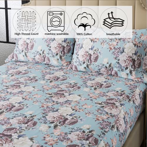 FADFAY Floral Sheets Set King Size, 100% Cotton Bed Sheets 4 Pcs with Deep Pocket Fitted Sheet, Dusty Blue Vintage Botanical Bedding, Soft Crisp & Breathable Sheets for All Seasons