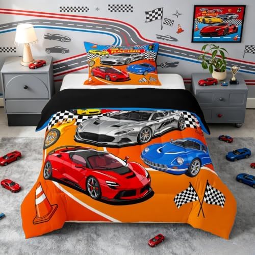 Feelyou Boys Race Car Comforter Set All Season Sports Racing Car Bedding Set with 1 Pillow Cases Extreme Sports Microfiber Kids Toddler Bedclothes Bedroom Decor Duvet Quilt Breathable Soft Lightweight
