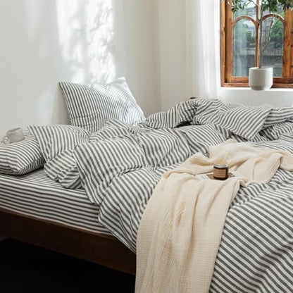 FOSSA Striped Duvet Cover Set 100% Washed Cotton Linen Feel Twin