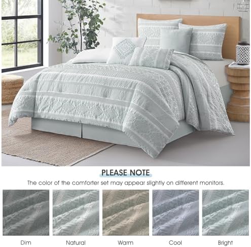 LANCO MODERN LIFESTYLE 7 Piece California King Comforter Set, Dusty Green, Elegant Jacquard with Patchwork, Stylish and Cozy Bedding Collection, Premium Bedding Set with Bedskirt, Shams and Pillows
