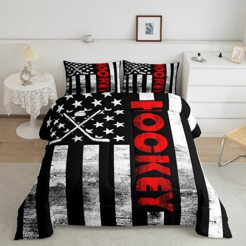 Ice Hockey Comforter Set Full,Puck Hockey Sport Games Bedding Set for Kids Boys Teens Men,Black White American Flag Bedding Comforter Set,Retro United States Flag Quilt Duvet Set 2 Pillow Cases