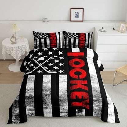 Ice Hockey Comforter Set Full,Puck Hockey Sport Games Bedding Set for Kids Boys Teens Men,Black White American Flag Bedding Comforter Set,Retro United States Flag Quilt Duvet Set 2 Pillow Cases