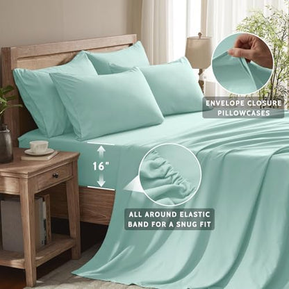 Cal King Size Sheets Set - 6 Piece Luxuriously Soft & Cooling Sheets Cal King Size - Ultra Soft 16" Deep Pocket Cal King Sheet Set - Fitted Sheet & Pillowcase Sets (Cal King Spa Blue)