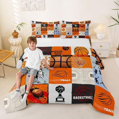 Erosebridal Basketball Comforter Set for Kids Boys Girls Sports Patchwork Bedding 3D Printed Basketball Duvet Set Ball Games Comforter Full with 2 Pillowcases