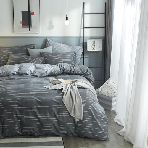 mixinni Full Size Comforter Set for Teen Modern Geometric Boys Grey Striped Printed Comforter Set Men Boys for All Season, 1 Soft Fluffy Comforter and Two Pillowcases-Full Size