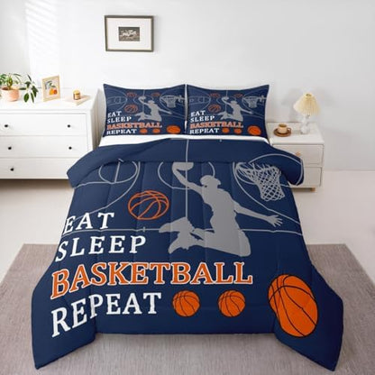Castle Fairy Basketball Bed Comforter Set Queen Size,Balls Sport Game Navy Blue Super Soft Microfiber Bedding Set for Adults Men,Basketball Court Decorative Comforter Set,3 Pcs