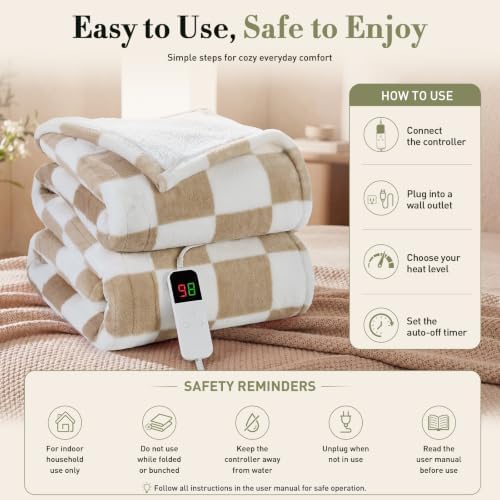 Heated Blanket Electric Throw 50"X60", Heating Blanket Throw, Brown