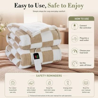 Heated Blanket Electric Throw 50"X60", Heating Blanket Throw, Brown