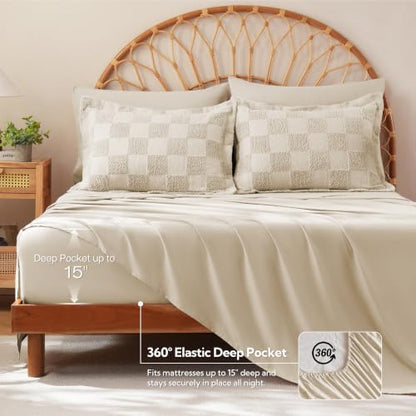MR&HM 7 Pieces Comforter Set Full, Checkered Boho Tufted Bed Set Beige