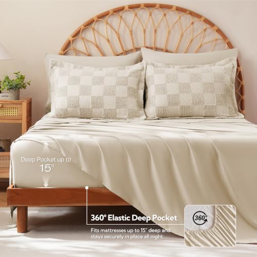 MR&HM King Size Comforter Set 7 Pieces, Checkered Boho Tufted Bed Set Beige