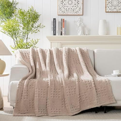 60x80 Inch Waffle Brown Twin Blanket -Fluffy Fleece, Neutral Tan Color, Cute & Aesthetic, Perfect for Sofa, Couch, Chair, Bed, Living Room & Bedroom, All-Season Use, Plush & Cozy Decorative Blanket