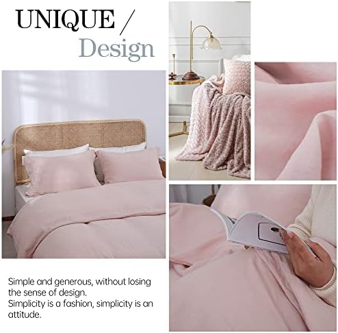 Simple&Opulence 100% Linen Duvet Cover Set 3pcs Basic Style Natural French Washed Flax Solid Color Soft Breathable Farmhouse Bedding with Button Closure - Blush Pink, Queen