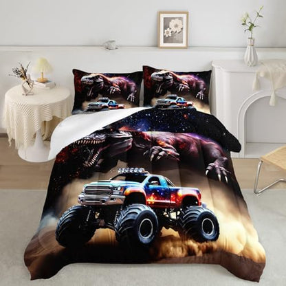 AILONEN Boys Dinosaur and Truck Bedding Set Twin,3D Starry Dinosaur Comforter Set,Monster Truck Comforter Set,Kids Soft Microfiber Bedding Printed Comforter with 2 Pillowcases,3-Piece