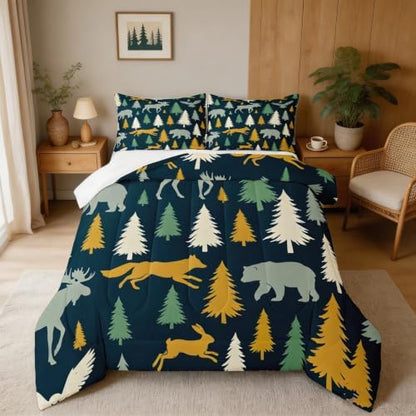 Feelyou Moose Fox Comforter Set Full Size Soft Kids Nature Woodland Wild Animal Bedding Set with Pillow Case Farmhouse Bear Bathroom Lightweight Breathable Comforter
