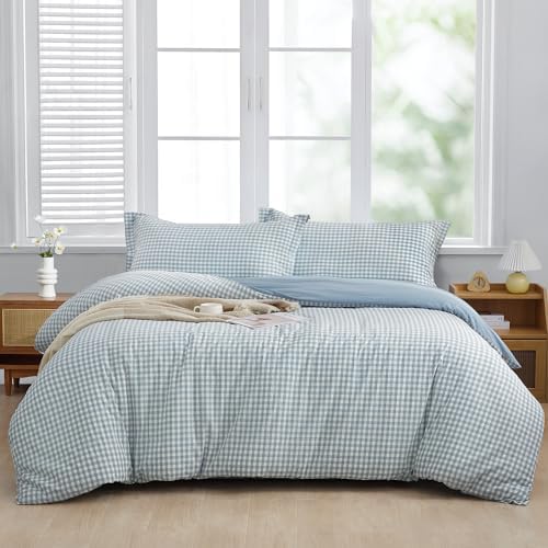 SAPHREAS Light Blue Plaid Duvet Cover Full Size 3pcs 100% Washed Cotton Soft Comforter Cover Simple Style 1 Blue Grid Duvet Cover 2 Pillow Sham, Comforter Not Included