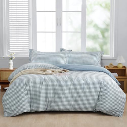 SAPHREAS Light Blue Plaid Duvet Cover Full Size 3pcs 100% Washed Cotton Soft Comforter Cover Simple Style 1 Blue Grid Duvet Cover 2 Pillow Sham, Comforter Not Included
