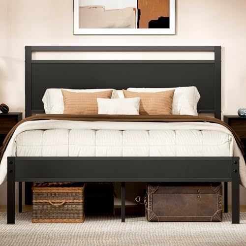 Z-hom Queen Bed Frame with Wooden Headboard & Footboard,Metal Platform Bed