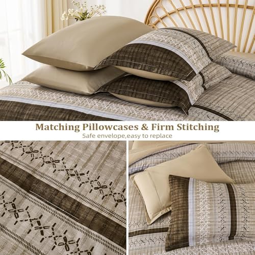 Dintszyayue Brown Comforter Set Full Size, 8 Pieces Boho Striped Bed in a Bag Soft Microfiber Bedding Set for All Season