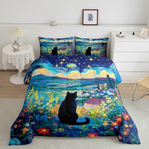 Black Cat Flower Comforter Set Queen Size,Star Moon Blossom Floral Bedding Set for Kids Girls Boys Adults Room Decor,Rustic Style Night Scenery Duvet Insert 3Pcs,Wild Animal Quilt Set,2 Pillowcases