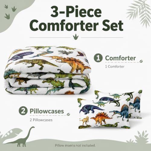 AILONEN Cartoon Dinosaur Print Bedding Set Full Size Hand Drawn Green Dinosaurs White Tint Comforter Set for Kids Teens Boys Girls Soft Breathable Duvet Set 3 Pieces, 1 Comforter and 2 Pillowcases