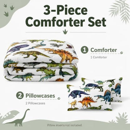 AILONEN Cartoon Dinosaur Print Bedding Set Full Size Hand Drawn Green Dinosaurs White Tint Comforter Set for Kids Teens Boys Girls Soft Breathable Duvet Set 3 Pieces, 1 Comforter and 2 Pillowcases