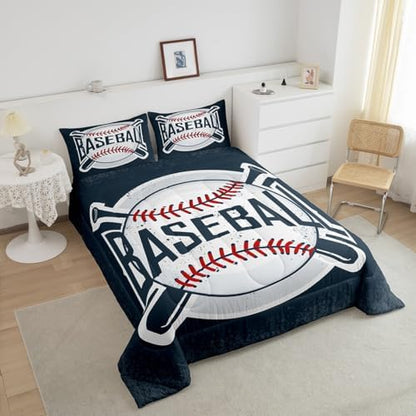 Manfei Baseball Comforter Set King Size Sports Theme Bedding Set 3pcs for Kids Boys Teens Bedroom Decor, Vintage Sports Baseball Gaming Duvet Insert Navy Blue Quilted Duvet with 2 Pillowcases