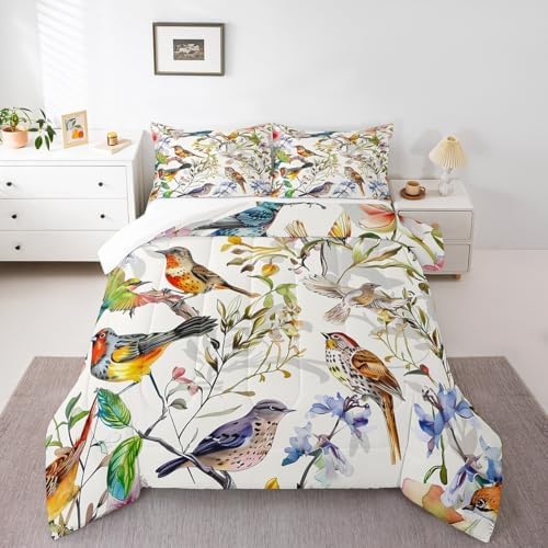 Homewish Birds Pattern King Size Comforter Set,Kids Spring Flowers Decor All Season Bedding Set,Teens Colorful Comforter,Garden Decor Quilt Set Bedroom Collection 3Pcs
