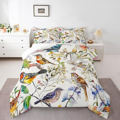 Homewish Birds Pattern King Size Comforter Set,Kids Spring Flowers Decor All Season Bedding Set,Teens Colorful Comforter,Garden Decor Quilt Set Bedroom Collection 3Pcs