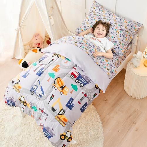 lasoftan Construction Toddler Bedding Set for Boys, 4 Piece Bed-in-a-Bag Toddler Comforter Sets, Excavator, Cars Printed, Super Soft and Comfortable Microfiber Todeeler Bed Set