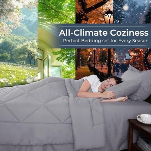 HEVUMYI 7-Piece Oversized Queen Comforter Set, Light Gray Bed in a Bag