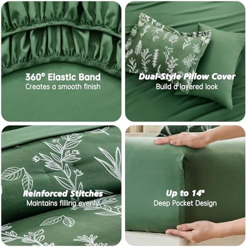MUXHOMO Dark Green Bed in a Bag Queen 7 Pieces, Queen Comforter Set Reversible Botanical Flowers Design, Ultra Soft & Breathable Bedding Sets with Comforter, Sheets, Pillowcases & Shams